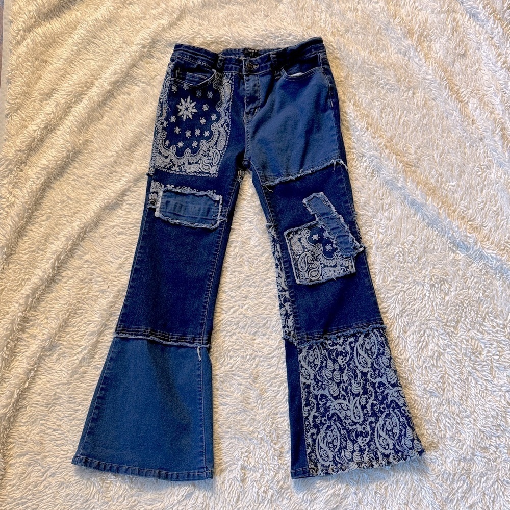 Forever 21 Blue Patchwork Flare Jeans for kid size 13/14